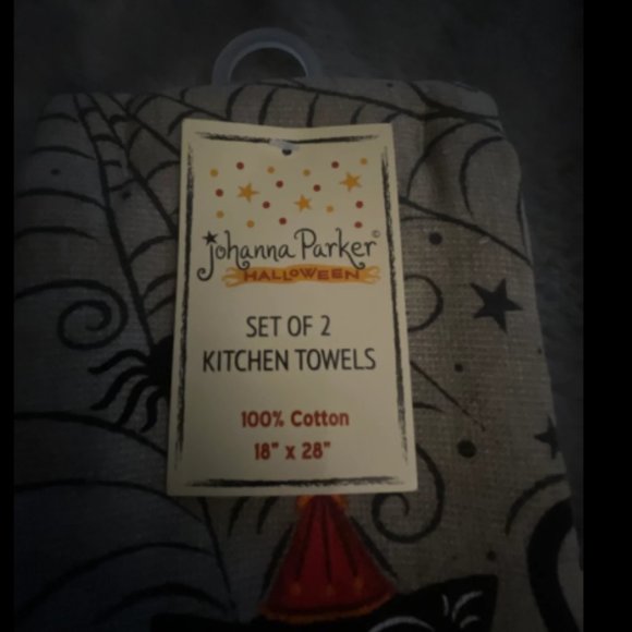 Johanna Parker Halloween Kitchen Towels set 2 Black cat and Boo pumpkin NWT - Picture 3 of 5